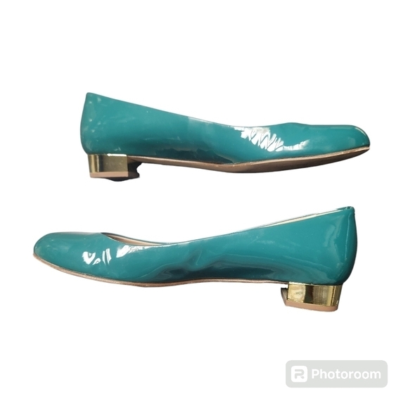 J.CREW COLLECTION Janey Green Gold Heel Flats Sz. 7.5 Patent Leather - Picture 1 of 8
